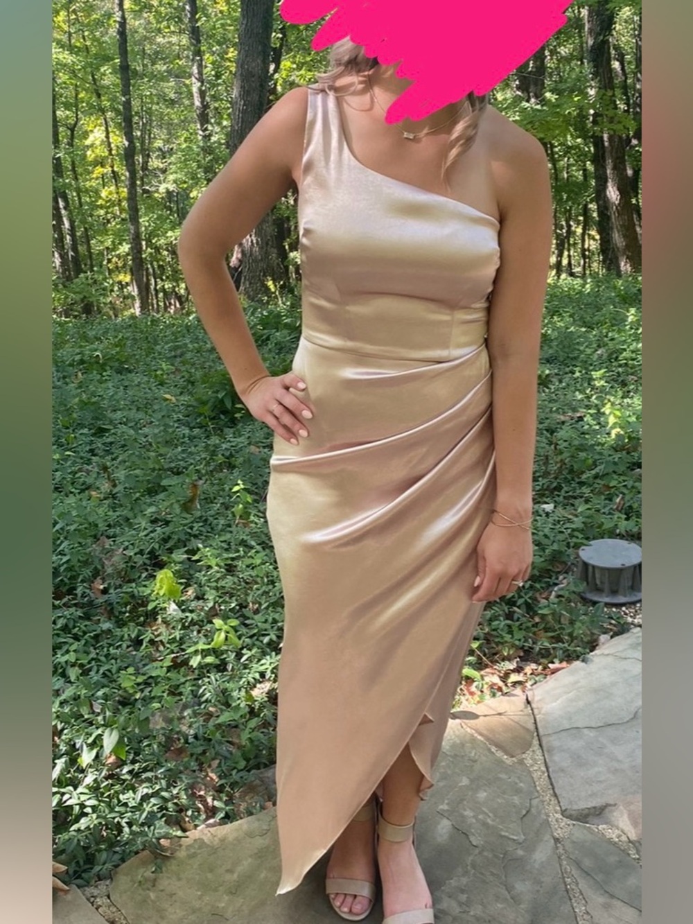 One-Shoulder Satin Slip Dress in Champagne Gold- White Fox